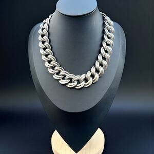 Vintage Silver Tone Double-Curb Chain Necklace Chunky Flat 80s 90s Patina 17”